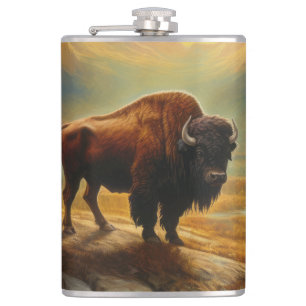Buffalo Bison Sunset Silhouette Hip Flask