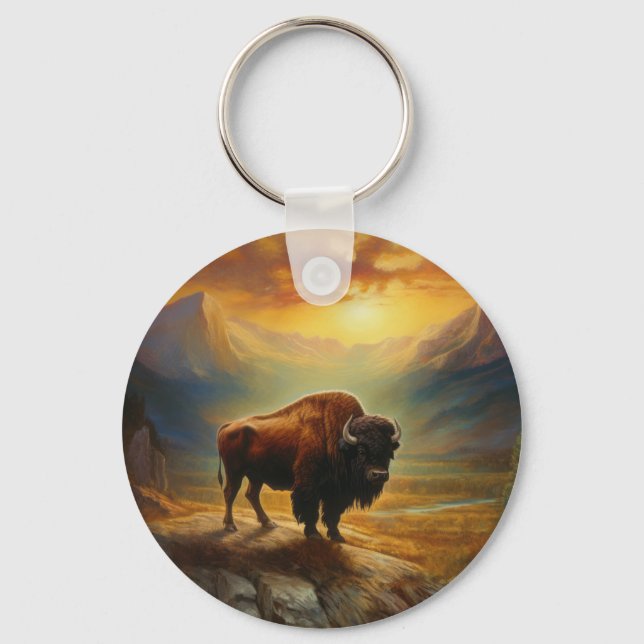 Buffalo Bison Sunset Silhouette Keychain (Front)