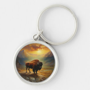 Buffalo Bison Sunset Silhouette Keychain