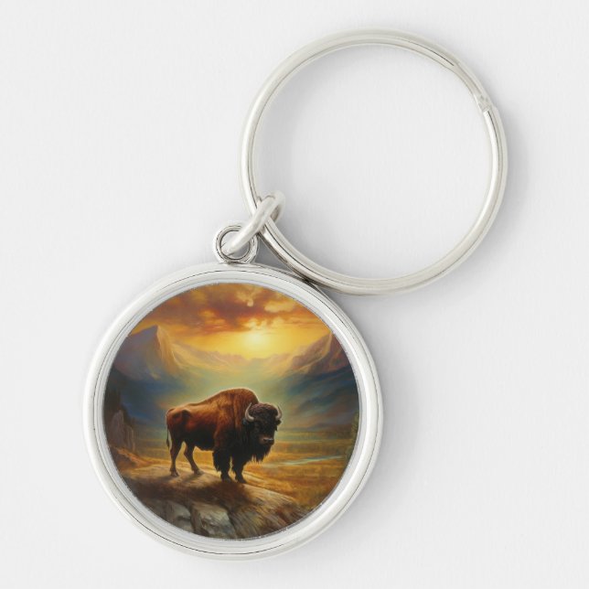Buffalo Bison Sunset Silhouette Keychain (Front)