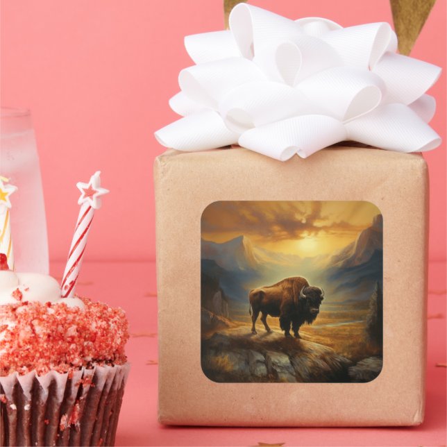 Buffalo Bison Sunset Silhouette Square Sticker (Party)