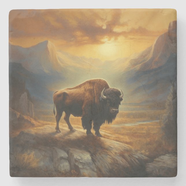 Buffalo Bison Sunset Silhouette  Stone Coaster (Front)