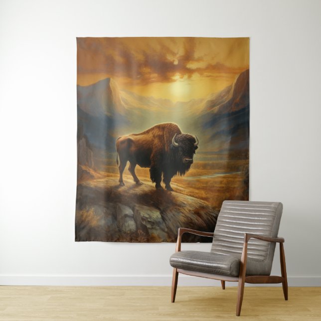 Buffalo Bison Sunset Silhouette  Tapestry (In Situ)