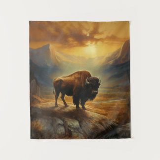 Buffalo Bison Sunset Silhouette Tapestry