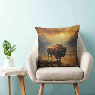 Buffalo Bison Sunset Silhouette Throw Pillow