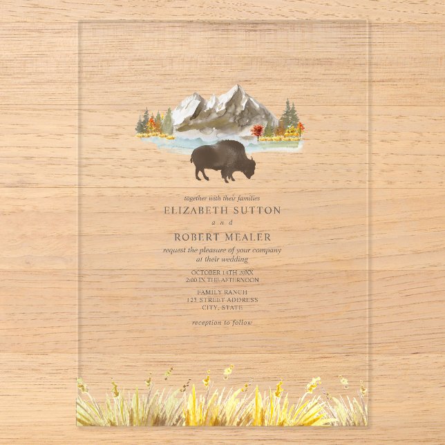 Buffalo Bison Watercolor Mountains Autumn Wedding  Acrylic Invitations (Front)
