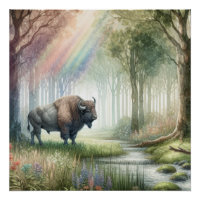 Buffalo Bison Whimsical Forest Landscape Art