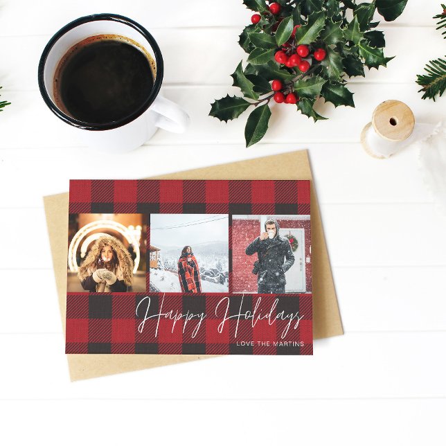 Buffalo Check 3 Photo Happy Holidays Card (Creator Uploaded)