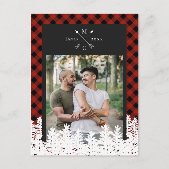Buffalo Check Arrow Monogram Photo Save the Date Announcement Postcard (Front)