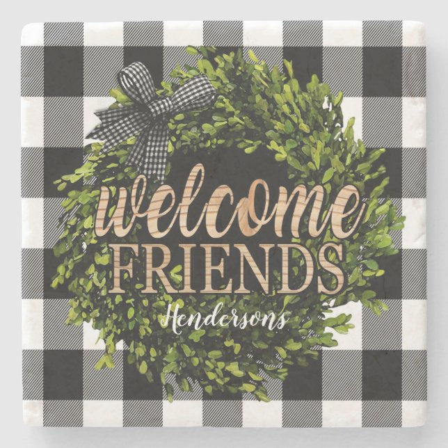 Buffalo Check Black and White Boxwood Wreath Stone Coaster (Front)