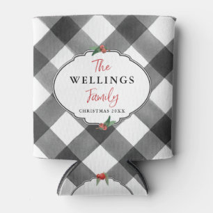 Buffalo Check Black & White Christmas Party Dated Can Cooler