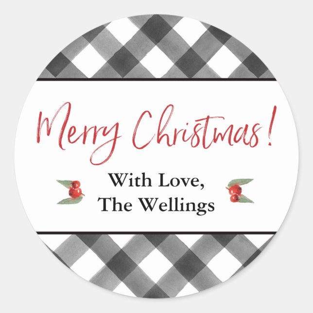 Buffalo Check Black & White Merry Christmas Custom Classic Round Sticker (Front)