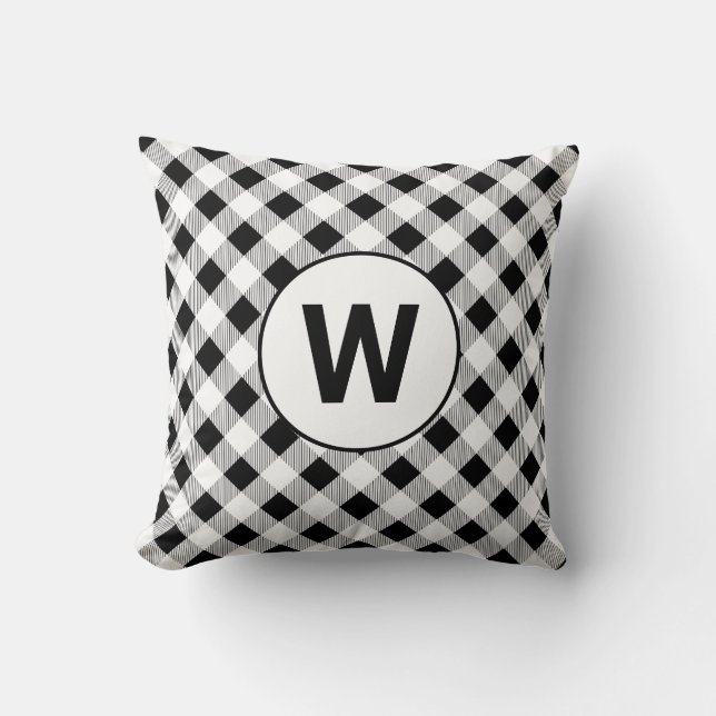 Buffalo Check Black White Monogram Throw Pillow (Front)