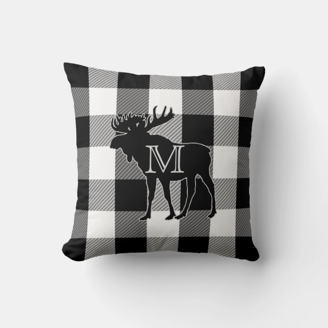 Buffalo Check Black White | Monogrammed Moose Throw Pillow (Front)