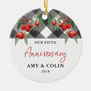 Buffalo Check Black White Plaid Anniversary Dated Ceramic Ornament