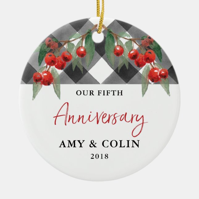 Buffalo Check Black White Plaid Anniversary Dated Ceramic Ornament (Front)