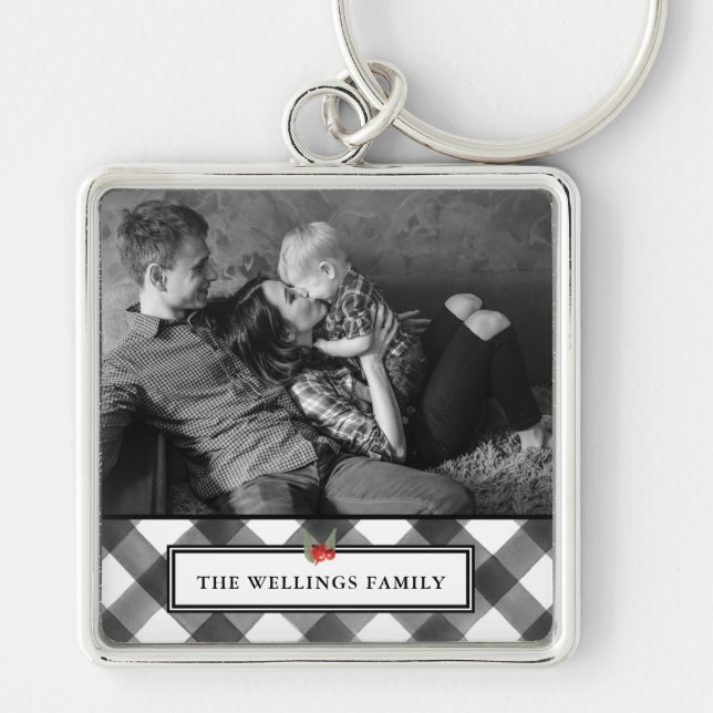 Buffalo Check Black & White Rustic Custom Photo Keychain (Front)