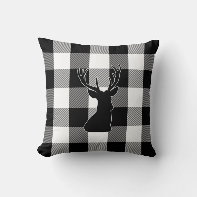 Buffalo Check Black White | Rustic Plaid Deer Throw Pillow (Front)