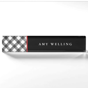 Buffalo Check Black & White Teacher Office Cubicle Nameplate