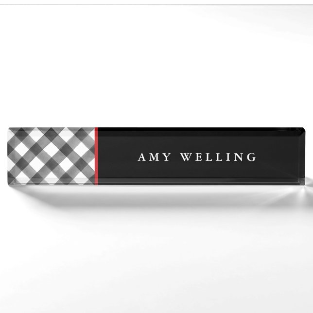 Buffalo Check Black & White Teacher Office Cubicle Nameplate (Front)