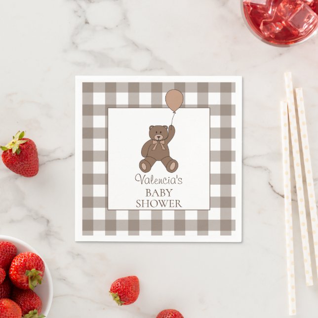 Buffalo Check Brown White Teddy Bear Baby Shower Napkin (Insitu)