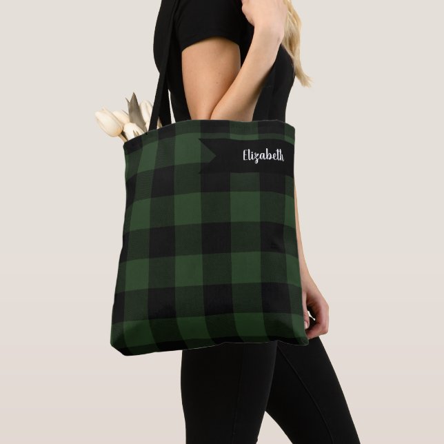 Buffalo Check Celtic Green and Black Squares Plaid Tote Bag (Close Up)