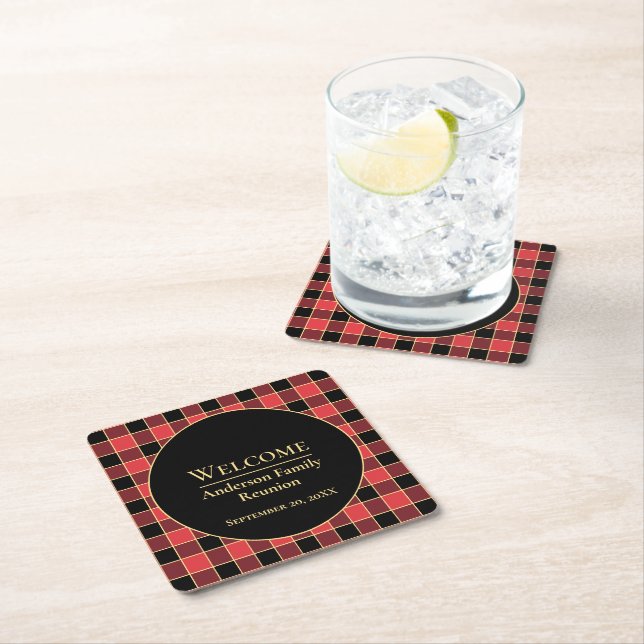 Buffalo Check Family Reunion Custom Colours SVG Square Paper Coaster (Insitu)