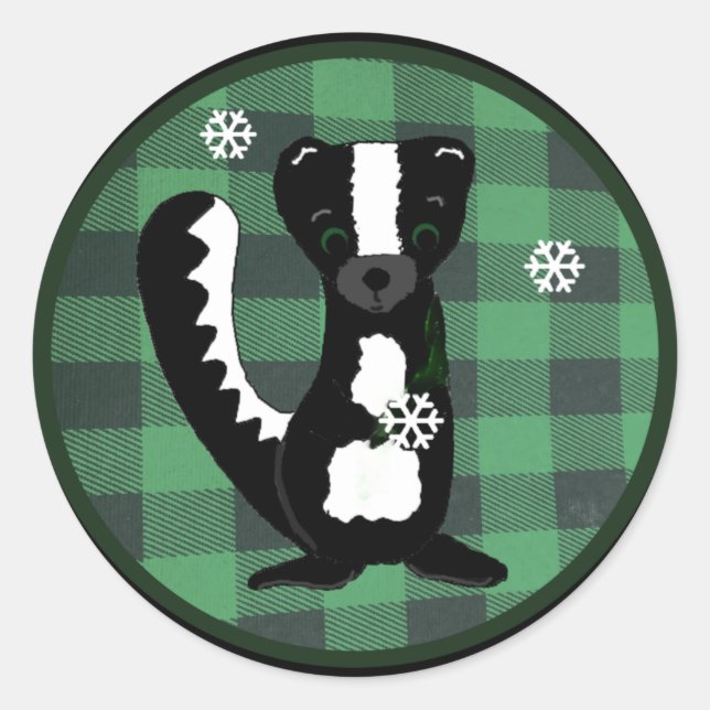 Buffalo Check Forest Skunk Holiday Round Sticker (Front)