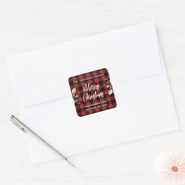 Buffalo Check Holly Merry Christmas Return Address Square Sticker (Envelope)