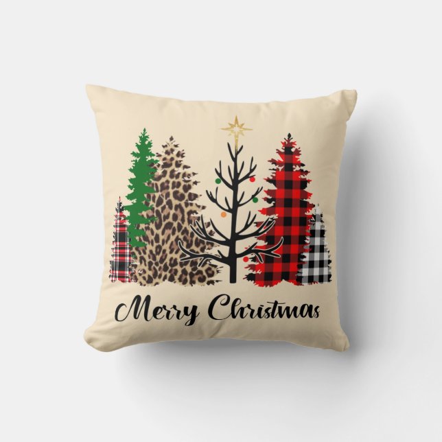 Buffalo Check Leopard Print Bare Pine Christmas Throw Pillow (Front)