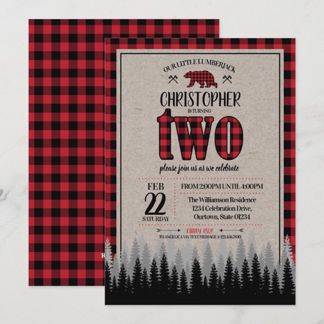 Buffalo Check Lumberjack Boy's 2nd Birthday Invitation (Front/Back)