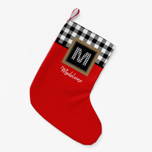 Buffalo Check Monogram and Name Red Black White Small Christmas Stocking