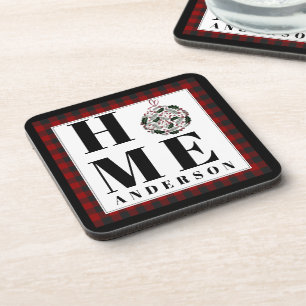 Buffalo check ornament "Home" personalized Coaster