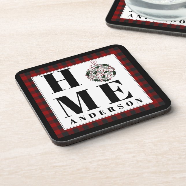 Buffalo check ornament "Home" personalized Coaster (Left Side)