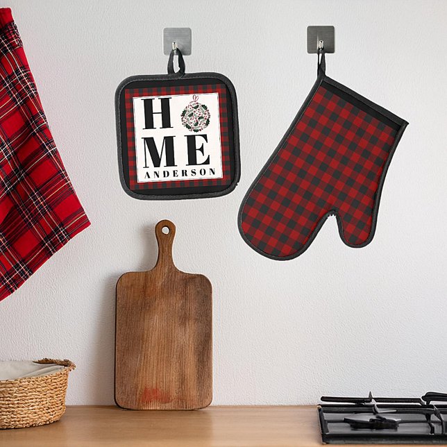 Buffalo check ornament "Home" personalized Oven Mitt & Pot Holder Set (Creator Uploaded)