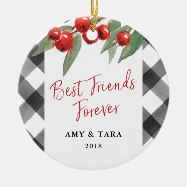 Buffalo Check Plaid Black & White Best Friends Ceramic Ornament (Front)