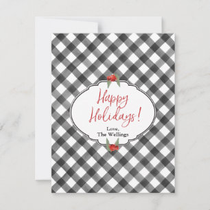 Buffalo Check Plaid Black White Flat Personalized Holiday Card