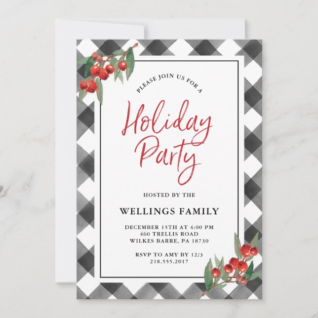 Buffalo Check Plaid Black & White Holiday Party Invitation (Front)