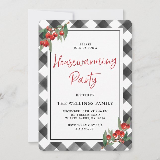 Buffalo Check Plaid Black White Housewarming Party Invitation (Front)
