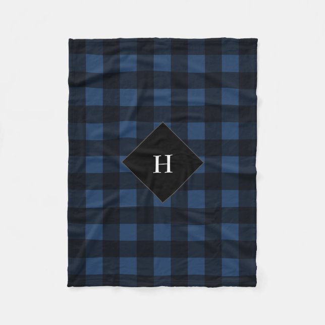 Buffalo Check Plaid Custom Colour Blue Monogram Fleece Blanket (Front)