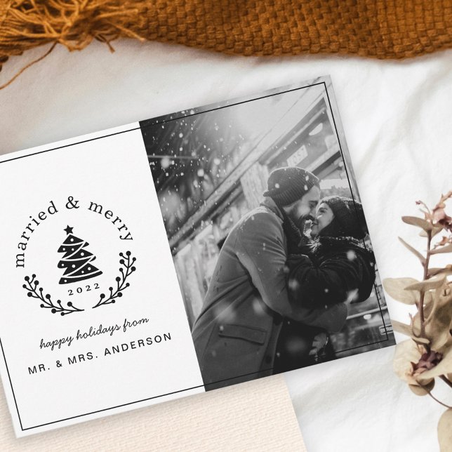 Buffalo Check Plaid Married and Merry Newlywed Holiday Card (Creator Uploaded)