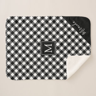 Buffalo Check Plaid Monogram Name Black and White Sherpa Blanket