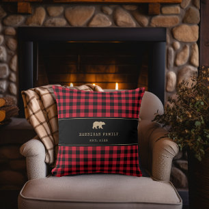 Buffalo Check Plaid Rustic Red and Black Family  Throw Pillow