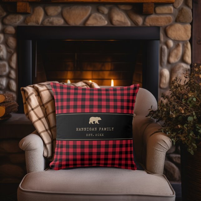 Buffalo Check Plaid Rustic Red and Black Family  Throw Pillow (Creator Uploaded)