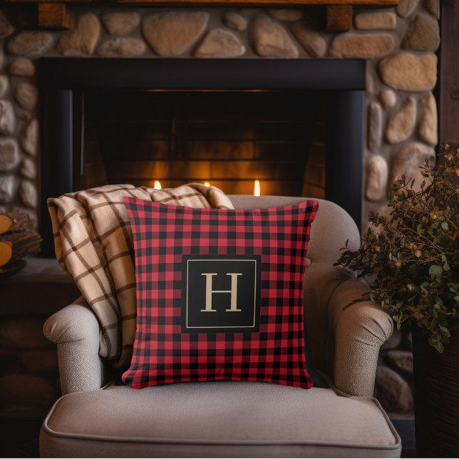 Buffalo Check Plaid Rustic Red and Black Monogram Throw Pillow (Creator Uploaded)