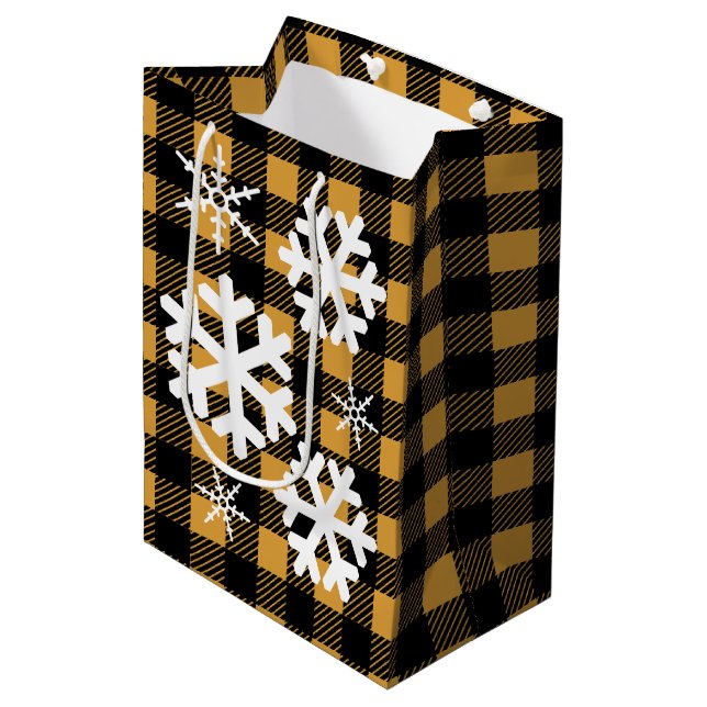 Buffalo Check Plaid & White Snowflakes Medium Gift Bag (Front Angled)