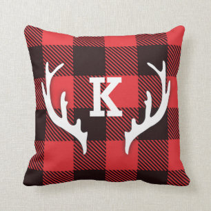 Buffalo Check Plaid with Antler Monogram Throw Pillow
