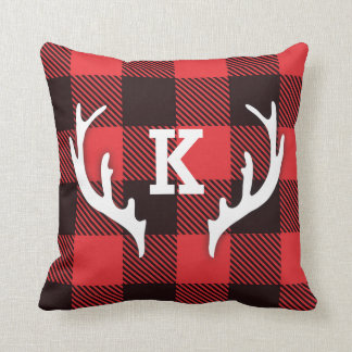 Buffalo Check Plaid with Antler Monogram Throw Pillow