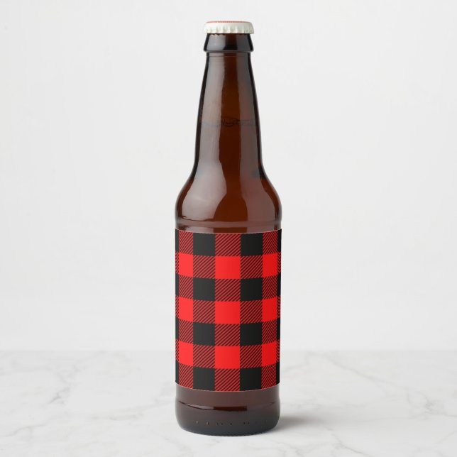Buffalo Check Red and Black Lumberjack Plaid Decor Beer Bottle Label (Front)