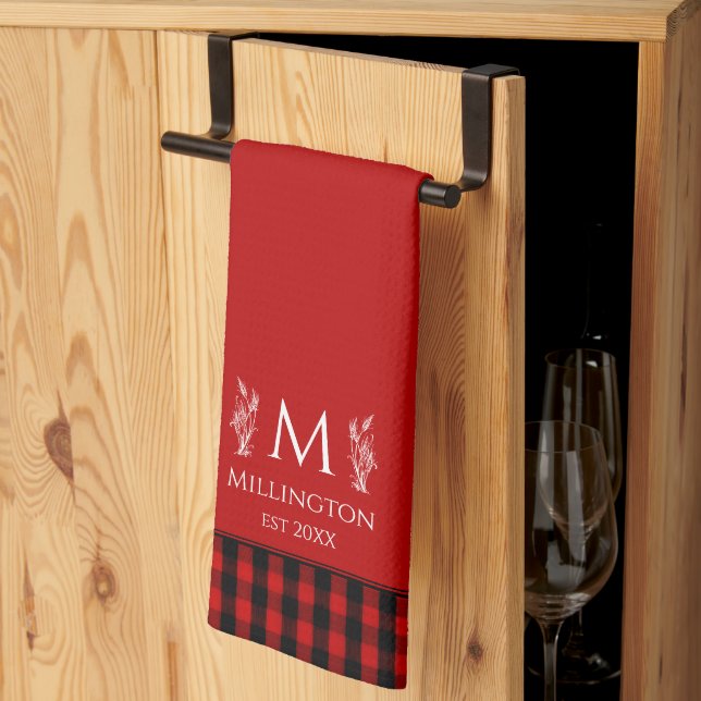 Buffalo Check Red and Black Plaid Custom Monogram Kitchen Towel (Thirds Fold)